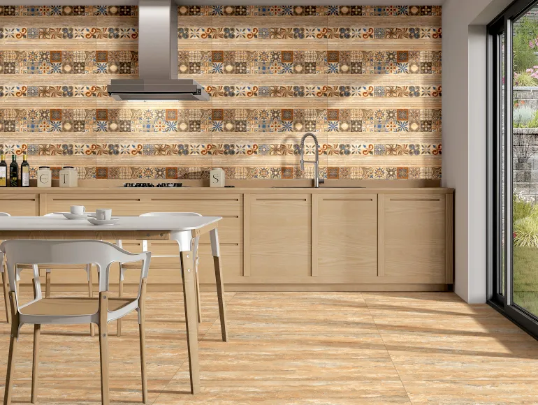 Beige kitchen design with designer wall tiles